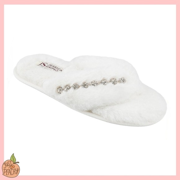 Jessica Simpson Fuzzy Faux Fur Embellished Thong Slippers XL 9-10 NWT DK - Picture 1 of 5
